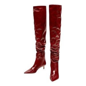 Zara Burgundy Over The Knee Patent Kitten Heel Boots, 8